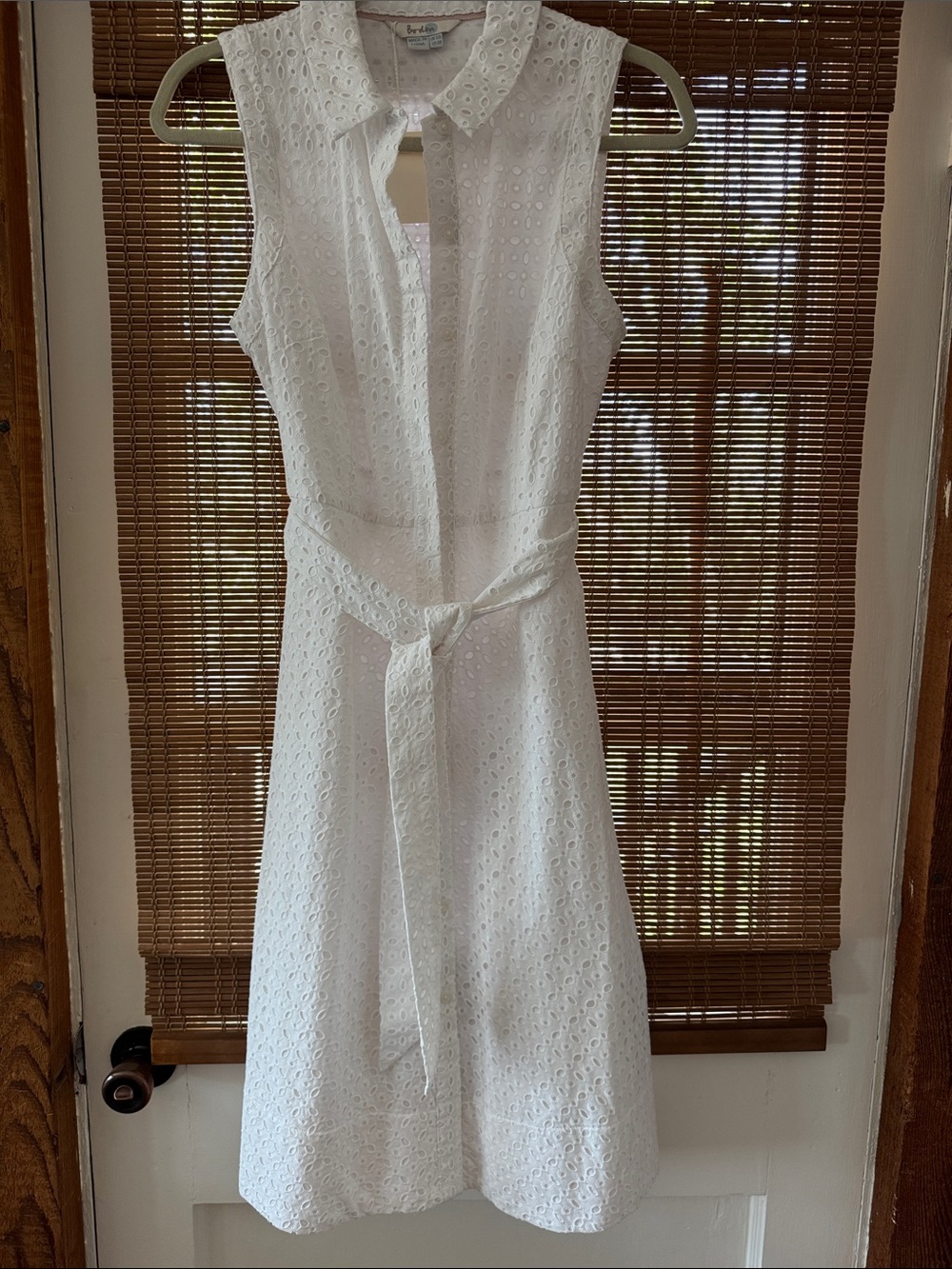 Boden Sleeveless White Eyelet Shirt Dress with Waist Tie